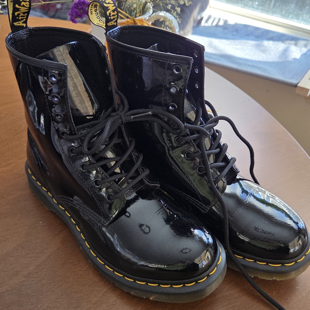 Dr. Martens Black Leather Boots with Yellow Stitching